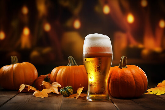 A glass of beer with a large amount of head on the top sitting in front of three small pumpkins with leaves around them